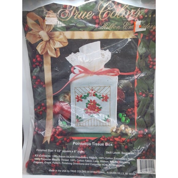 TRUE COLORS Ribbon Embroidery SRK 70010 Poinsettia Tissue Box Beginnner Level - Picture 1 of 5